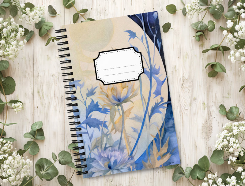 Cuaderno en Espiral con Bonito Diseño de Gran Luna sobre la Noche Azul