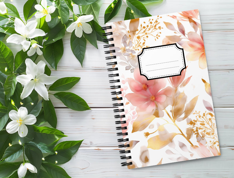 Cuaderno en Espiral con Bonito Diseño de Flores Rosas y Doradas
