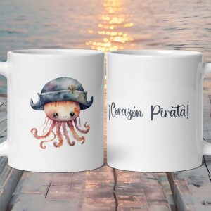 Taza Blanca Brillante "Corazón Pirata" con Bonita Medusa con Sombrero Pirata