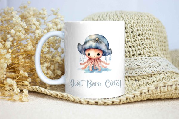 White Glossy Mug for Gifting - Just Born Cute - Jellyfish