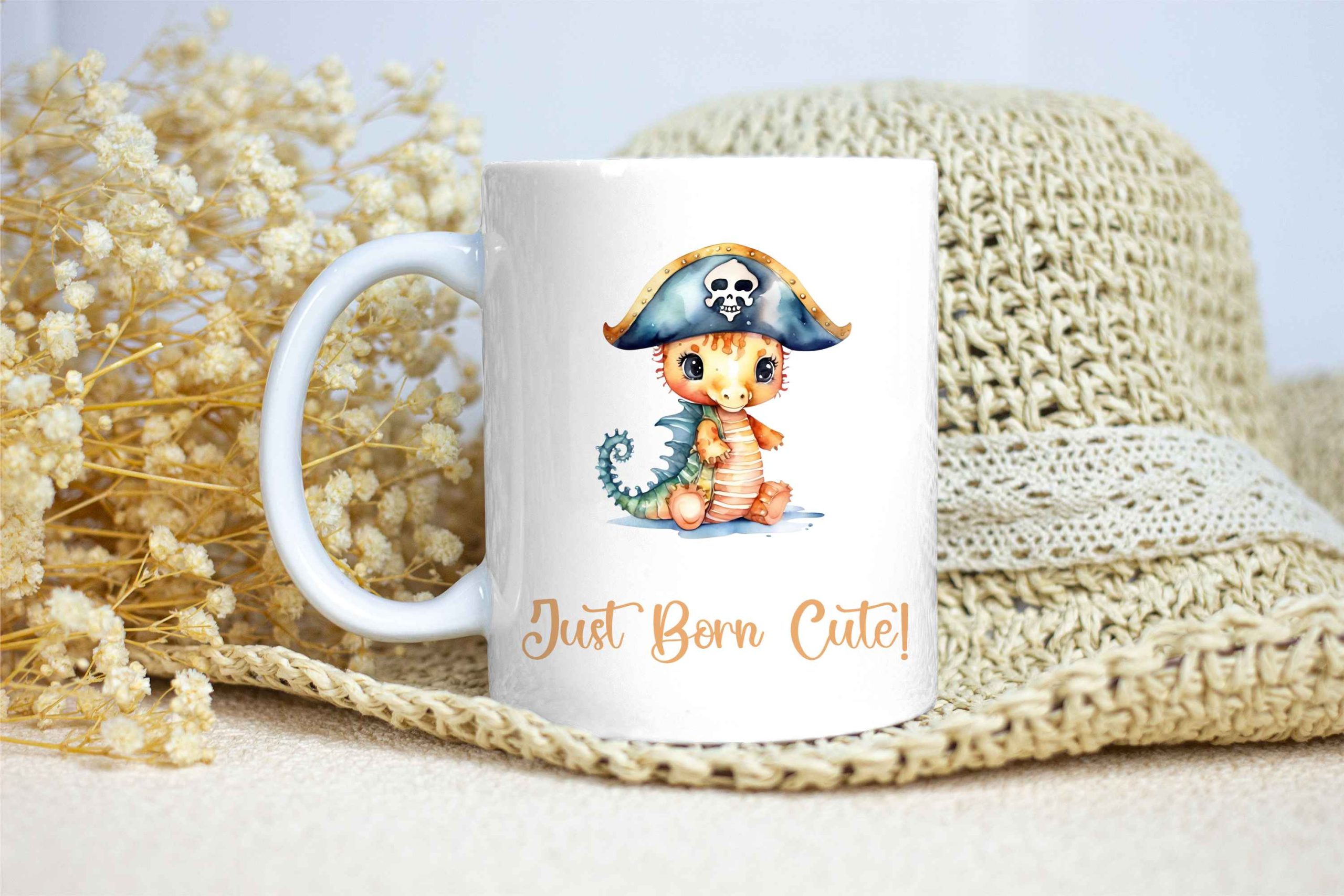White Glossy Mug for Gifting - Just Born Cute - Seahorse