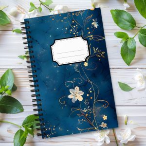 Cuaderno en Espiral con Bonito Diseño de Flores Nacaradas con Tallos Dorados en un fondo de Noche Azul