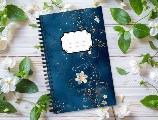 Cuaderno en Espiral con Bonito Diseño de Flores Nacaradas con Tallos Dorados en un fondo de Noche Azul
