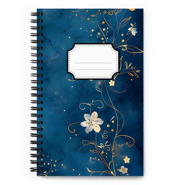 Cuaderno en Espiral con Bonito Diseño de Flores Nacaradas con Tallos Dorados en un fondo de Noche Azul - Imagen 2