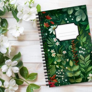Cuaderno en Espiral con Bonito Diseño Herbal de color Verde Profundo con Flores Blancas y Rojas