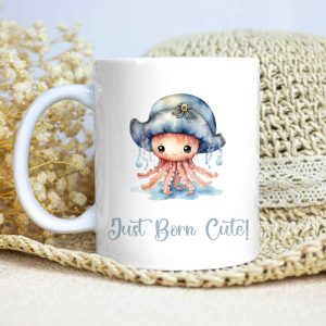 White Glossy Mug for Gifting - Just Born Cute - Jellyfish