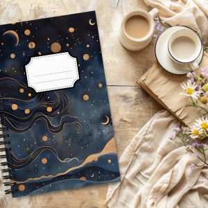 Cuaderno en Espiral con Bonito Diseño de Ondas Doradas en el Cielo Nocturno