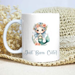 White Glossy Mug for Gifting - Just Born Cute - Mermaid Blue