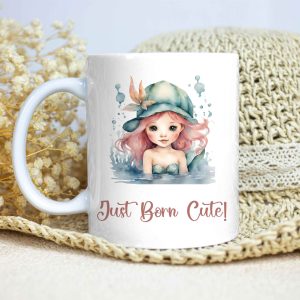 White Glossy Mug for Gifting - Just Born Cute - Mermaid Pink