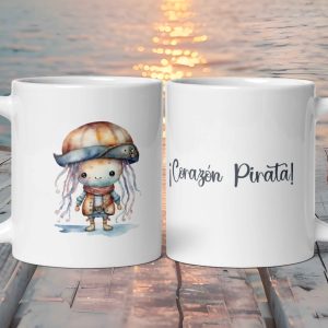 Taza Blanca Brillante "Corazón Pirata" con Bonita Medusa Pirata de Fantasía
