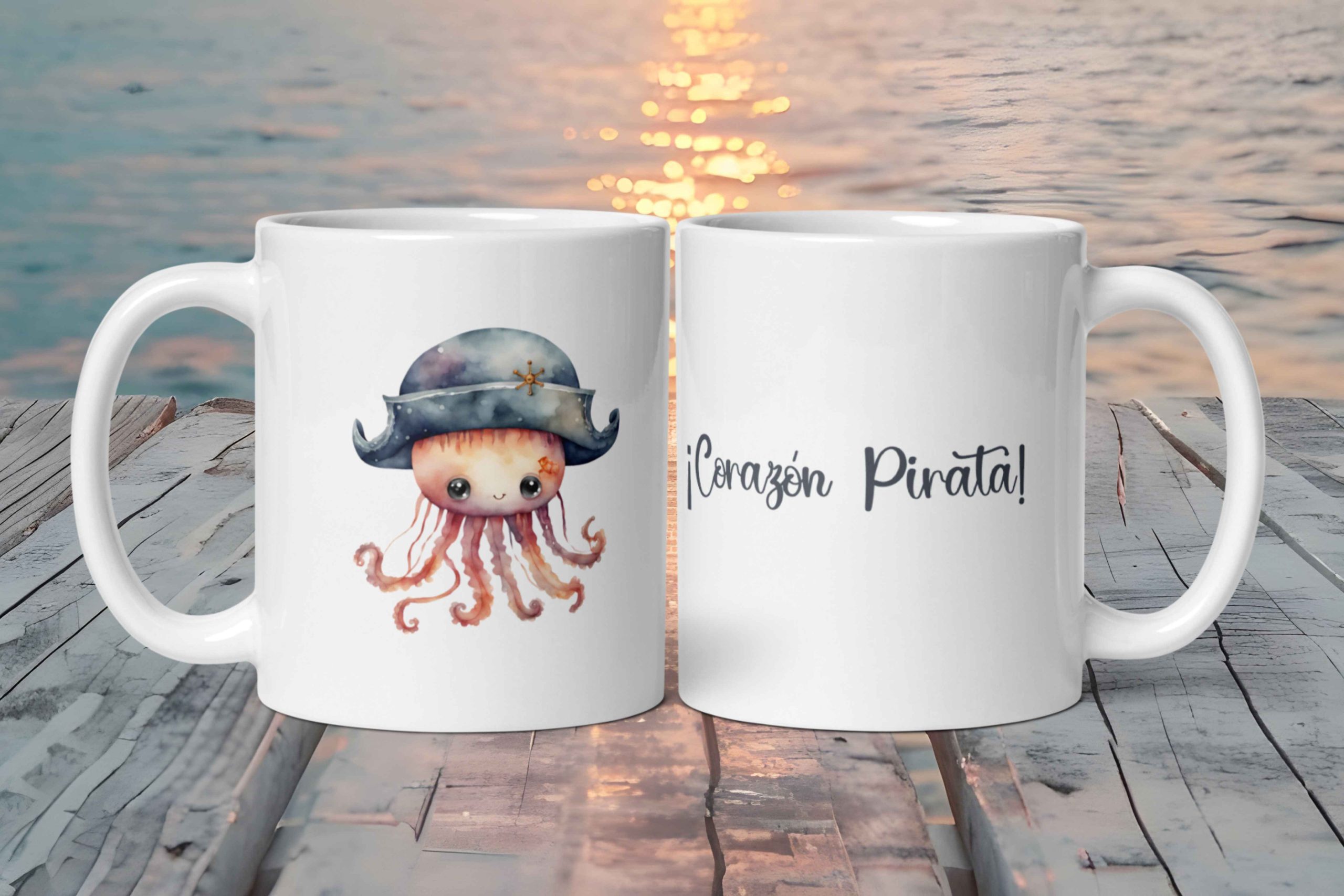 Taza Blanca Brillante "Corazón Pirata" con Bonita Medusa con Sombrero Pirata