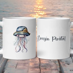 Taza Blanca Brillante "Corazón Pirata" con Bonita Medusa con Sombrero y Hebilla