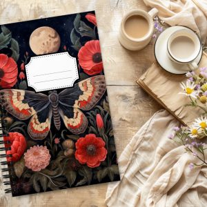 Cuaderno en Espiral con Bonito Diseño Gótico de Mariposas y Flores Rojas