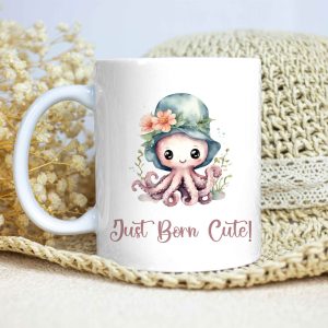 White Glossy Mug for Gifting - Just Born Cute - Octopus