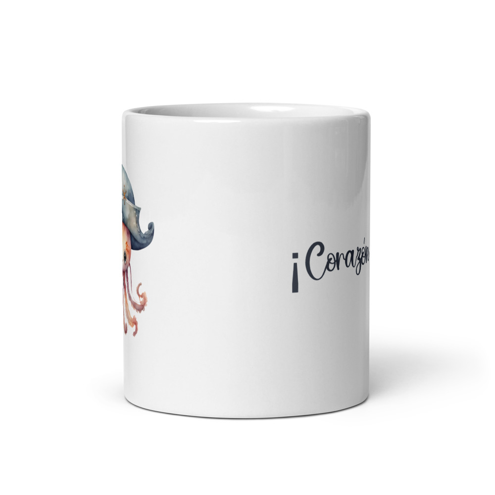 Taza Blanca Brillante "Corazón Pirata" con Bonita Medusa con Sombrero Pirata - Imagen 4