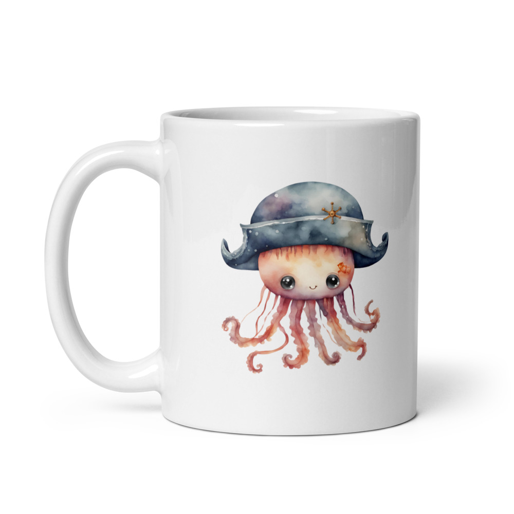 Taza Blanca Brillante "Corazón Pirata" con Bonita Medusa con Sombrero Pirata - Imagen 3