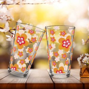 Vaso alto de cristal con patrón de Flor Naranja