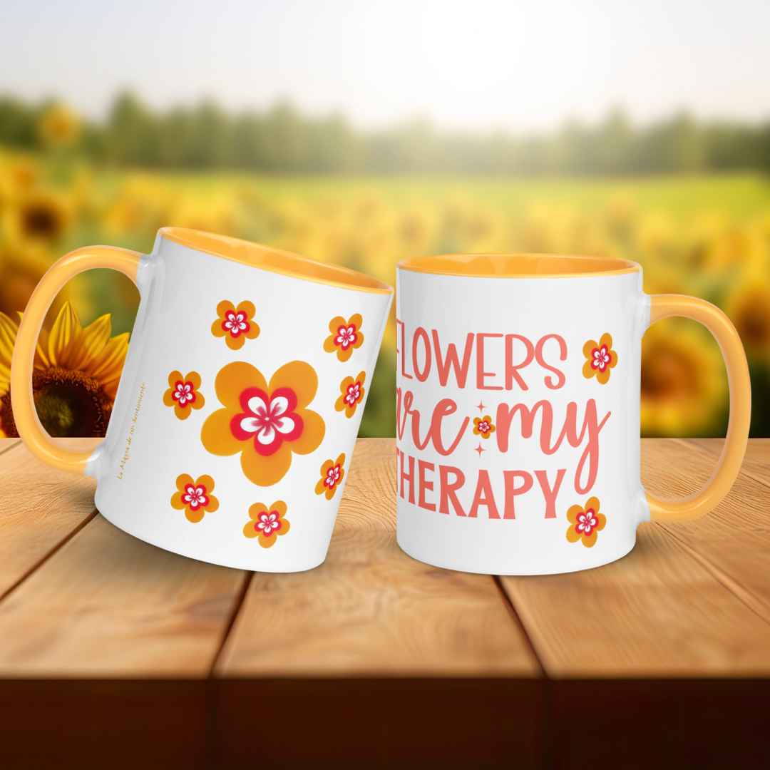Taza Flor Naranja "Flowers Are My Therapy" para amantes de las flores y la alegría