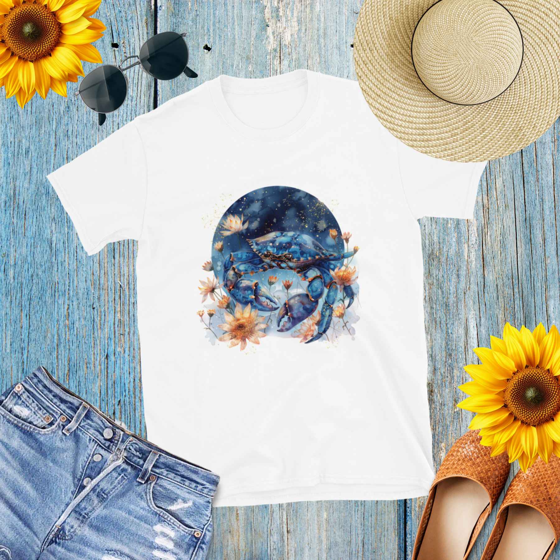 Camiseta de Ensueño con Cangrejo Marino y Océano con Flores