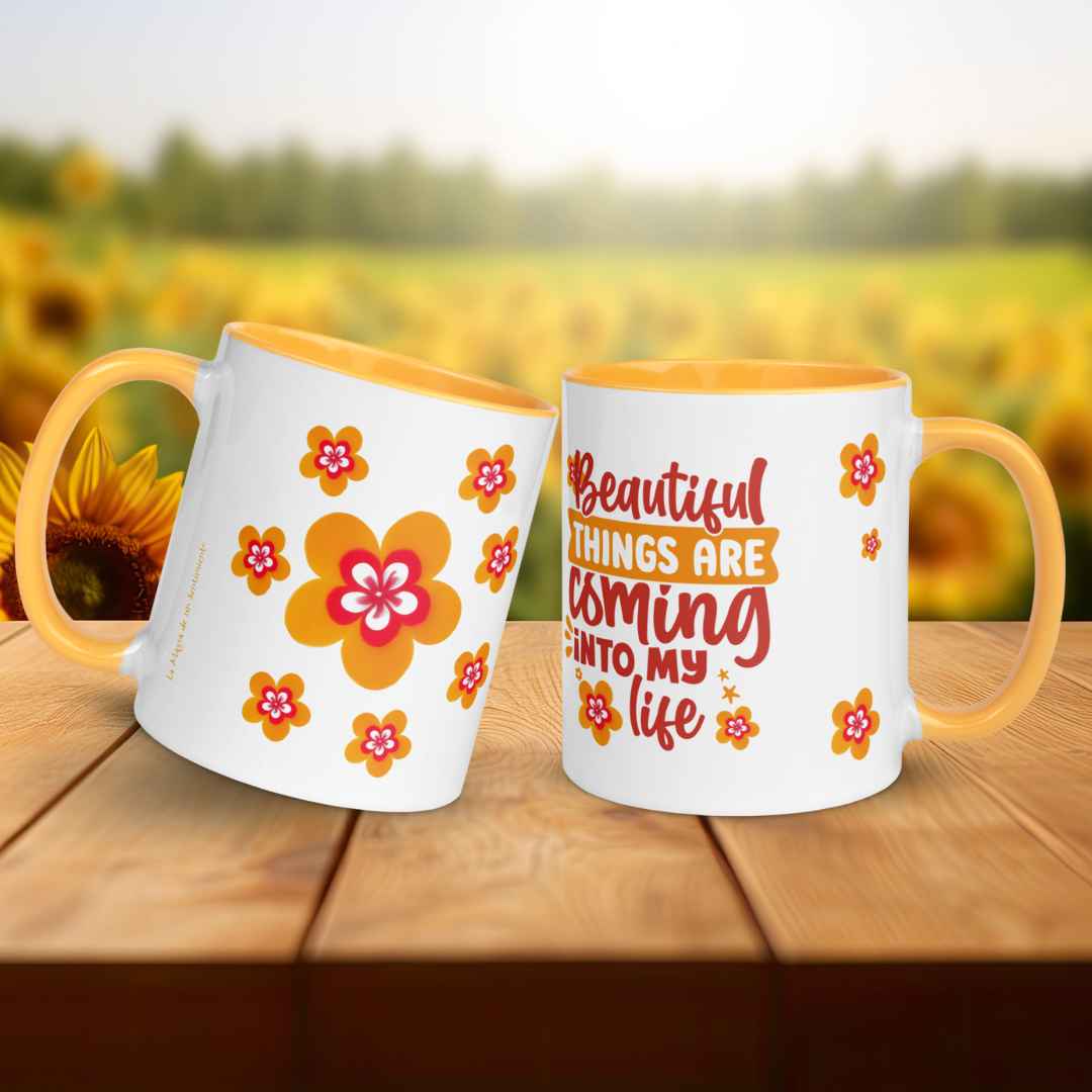 Taza Flor Naranja "Beautiful Things Are Coming Into My Life" para amantes de las flores y la alegría