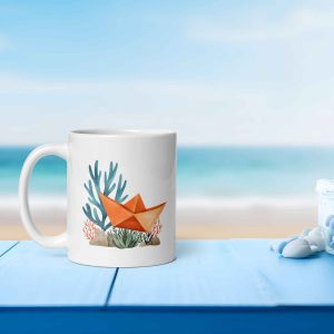 Taza Brillante con Barquito de Papel y Corales