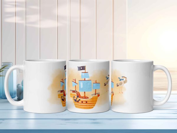 Taza Brillante con Barco Pirata y Gaviota