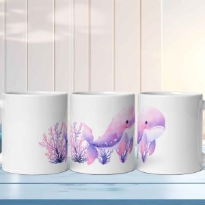 Taza Brillante con Bonita Ballena Lila y Corales
