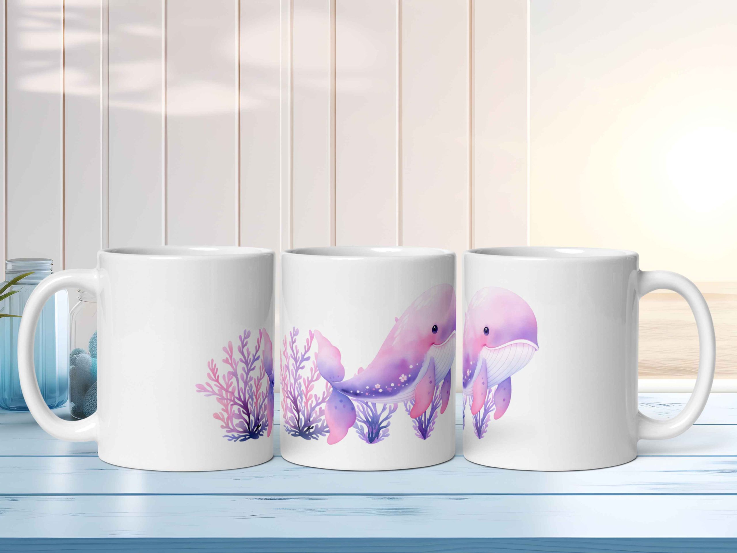 Taza Brillante con Bonita Ballena Lila y Corales