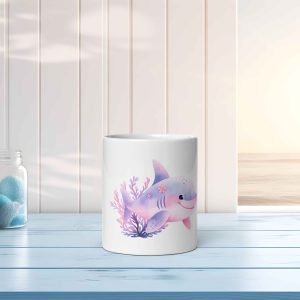 Taza Brillante con Bonito Tiburón Rosa y Lila y Corales