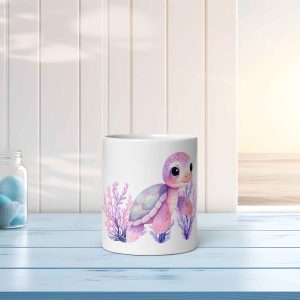 Taza Brillante con Bonita Tortuga Bebé Rosa y Corales