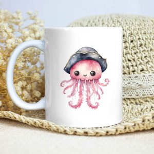 Taza Brillante con Bonita Medusa Rosa y Sombrero Azul