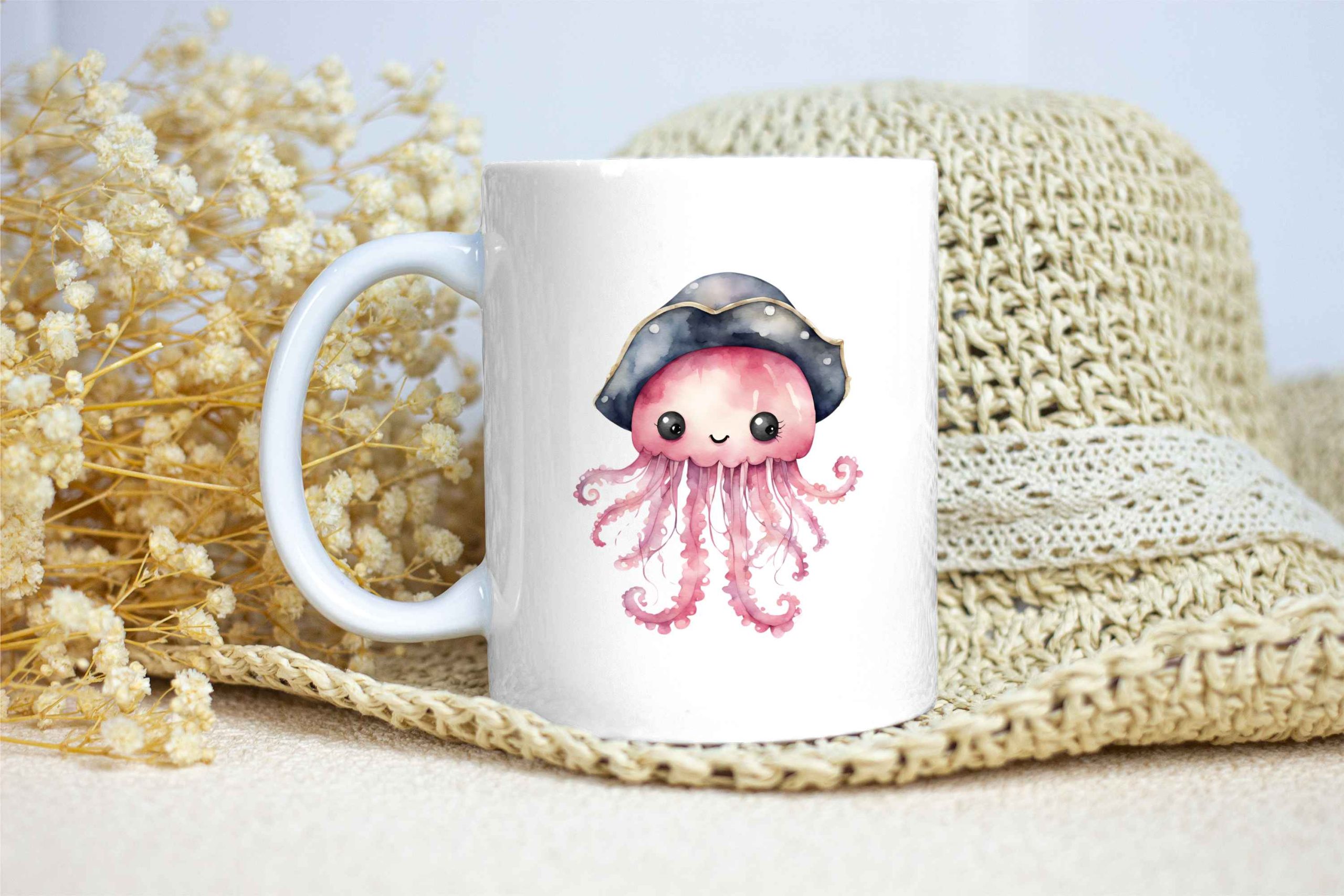 Taza Brillante con Bonita Medusa Rosa y Sombrero Azul