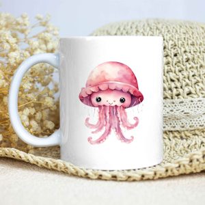 Taza Brillante con Bonita Medusa Rosa y Sombrero Esponjoso