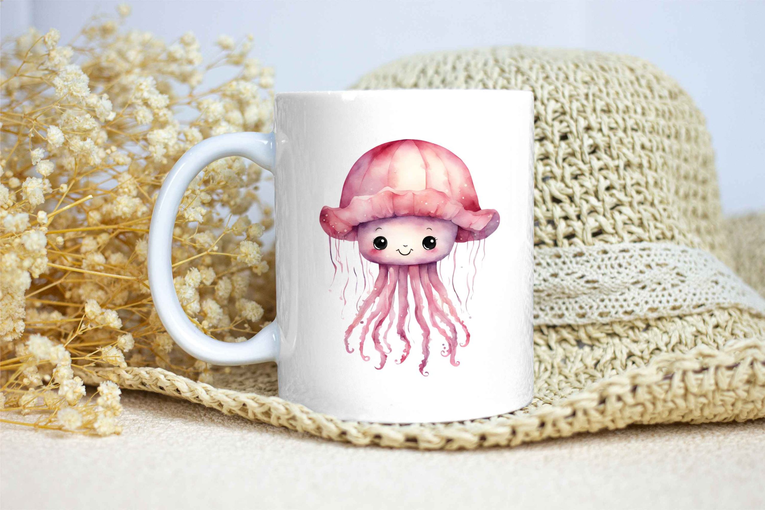 Taza Brillante con Bonita Medusa Rosa y Sombrero con Volantes