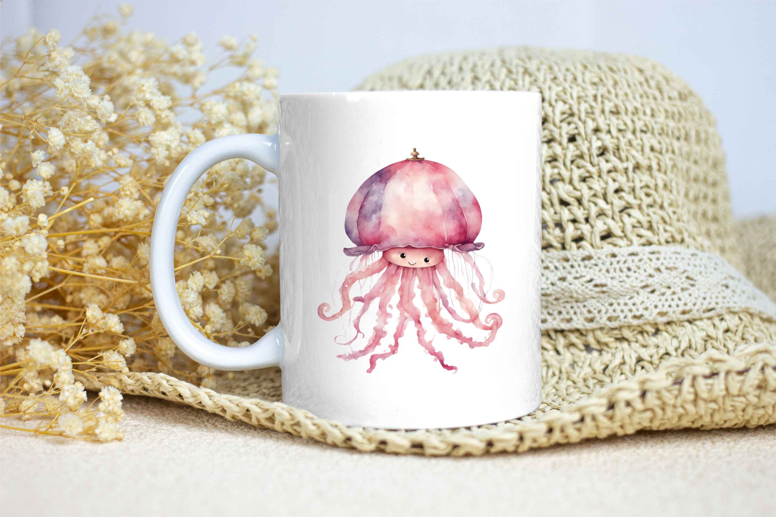 Taza Brillante con Bonita Medusa Rosa con Sombrero Paraguas