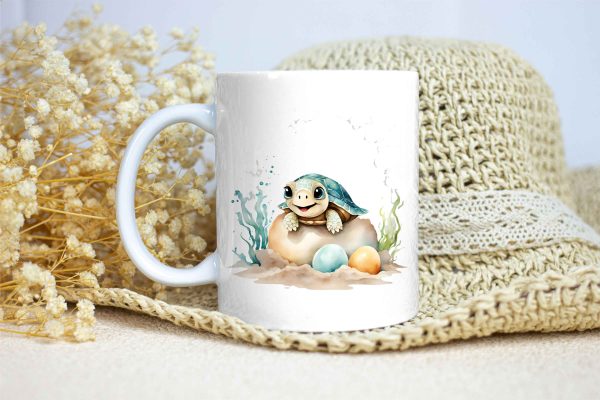 Taza Brillante con Bonita Tortuga Bebé Feliz Saliendo del Cascarón
