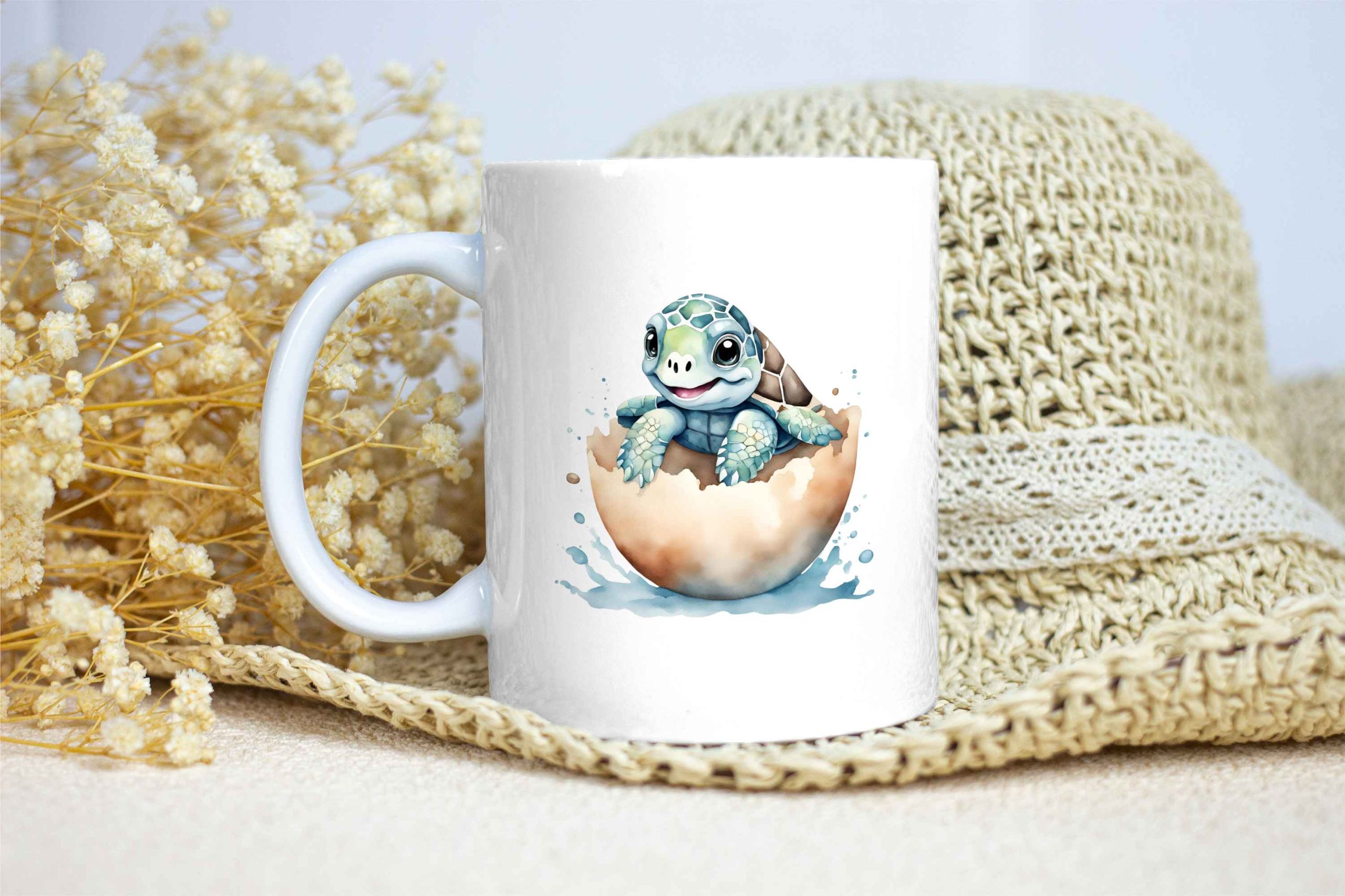 Taza Brillante con Bonita Tortuga Bebé Feliz Saliendo del Huevo