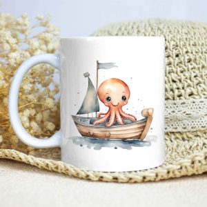 Taza Brillante con Pulpo Feliz en un Barquito