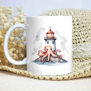 Taza Brillante con Pulpo Feliz en un Bonito Faro