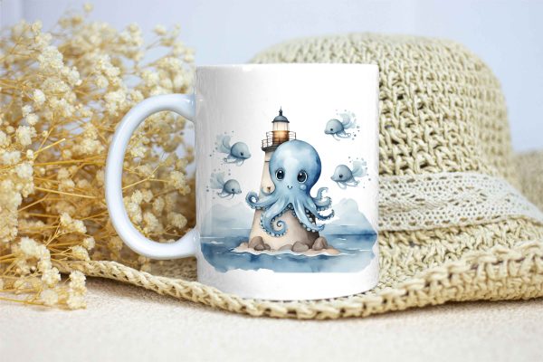 Taza Brillante con Pulpo y Faro con Peces de Fantasía