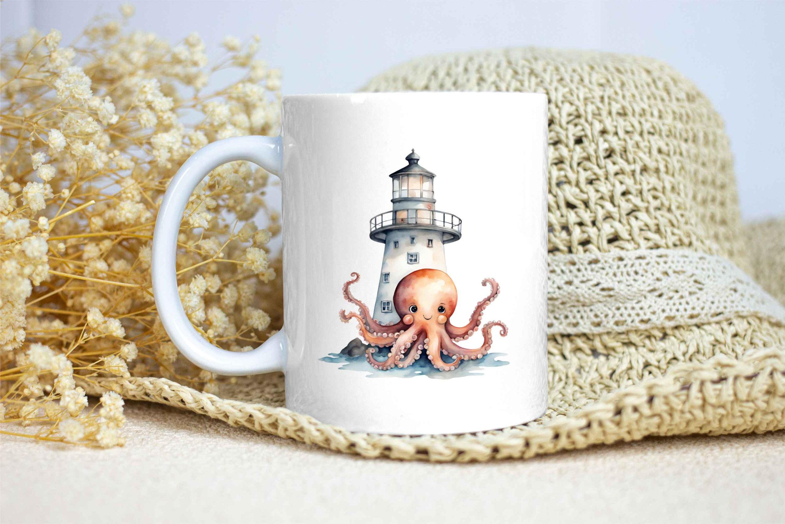 Taza Brillante con Pulpo delante de un Bonito Faro