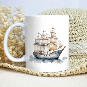 Taza Brillante con Bonito Dibujo Acuarela de un Gran Barco de Vela