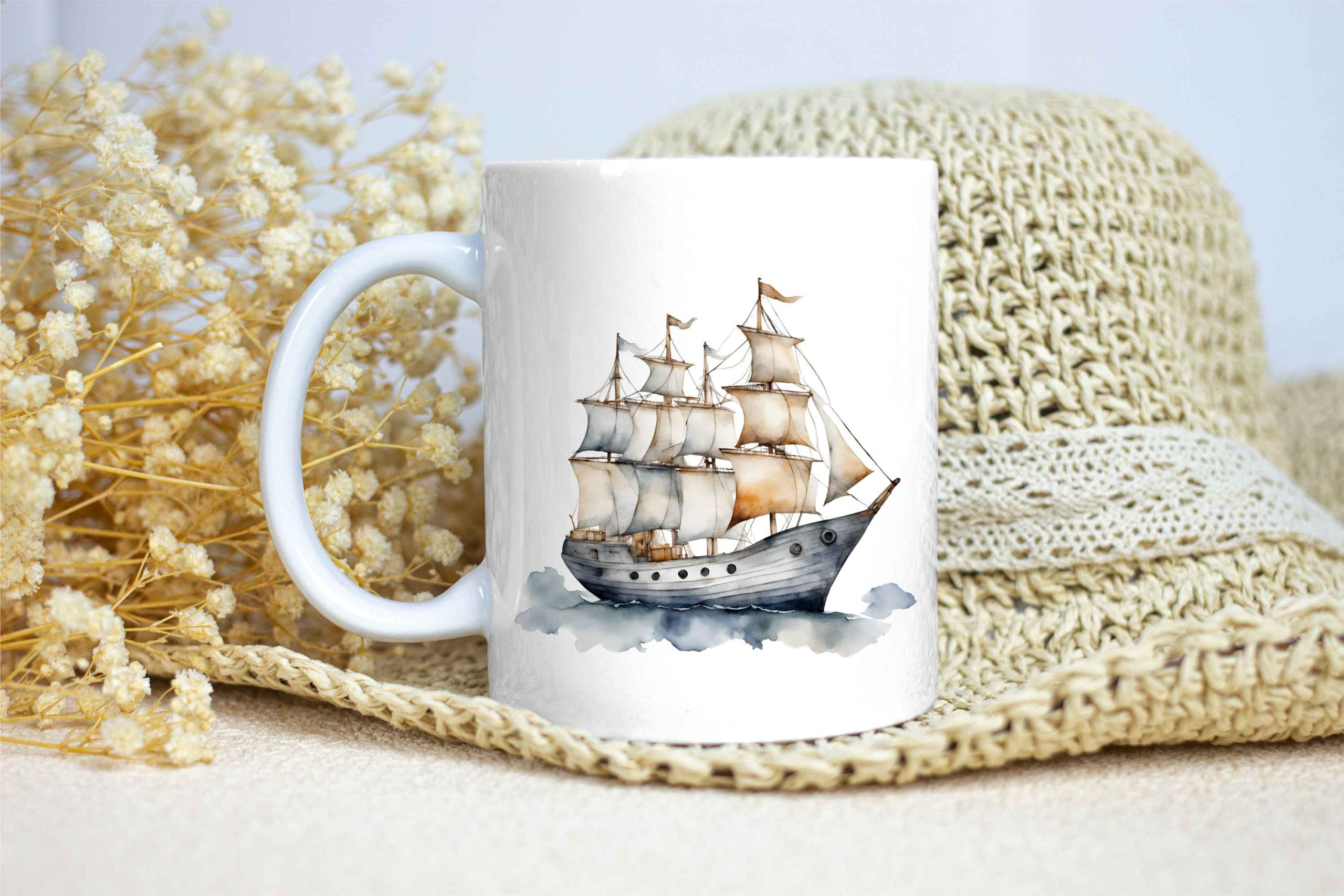 Taza Brillante con Bonito Dibujo Acuarela de un Gran Barco de Vela