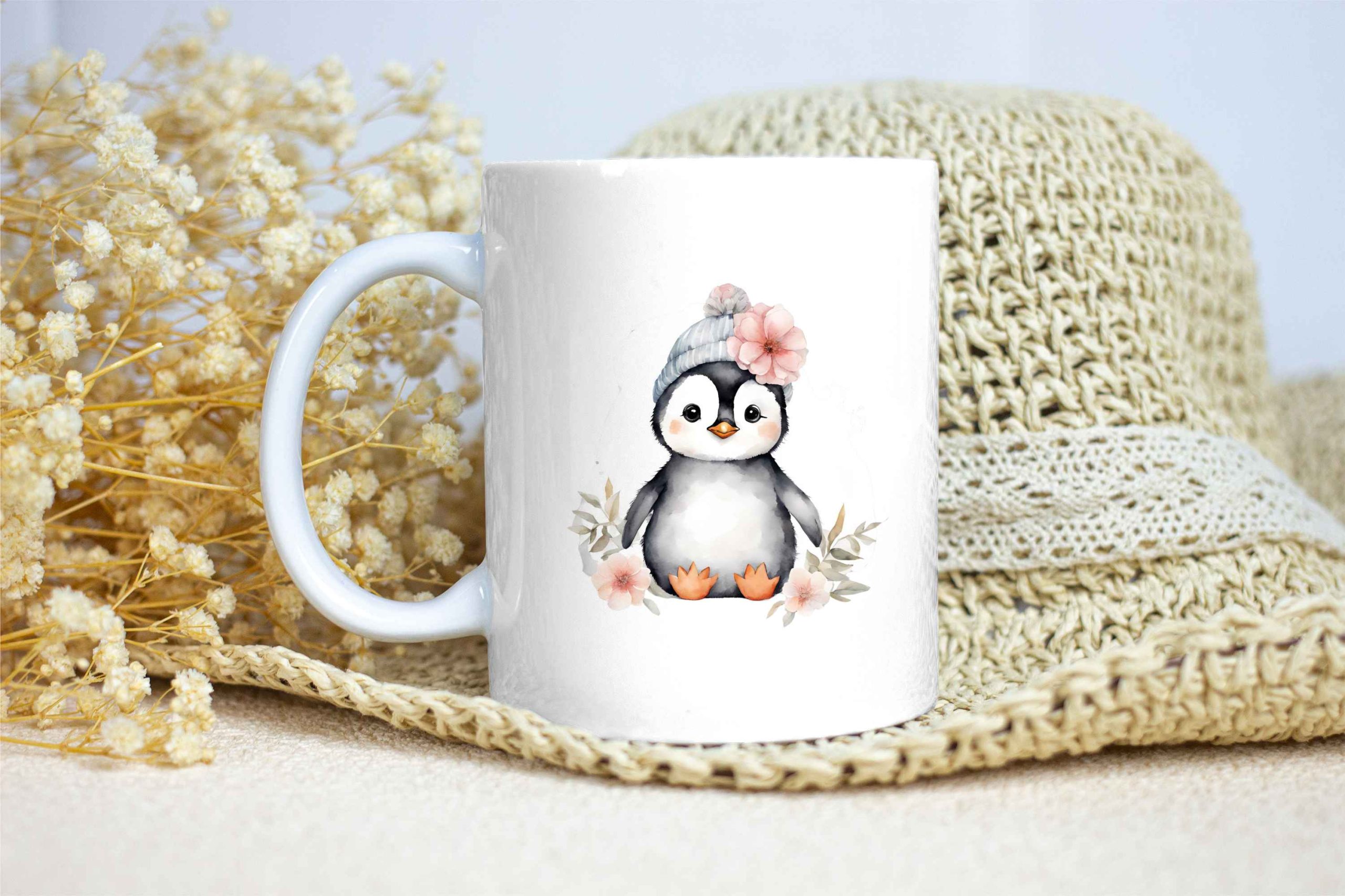 Taza Brillante con Bonito Pingüino con Gorro de nieve y Flor