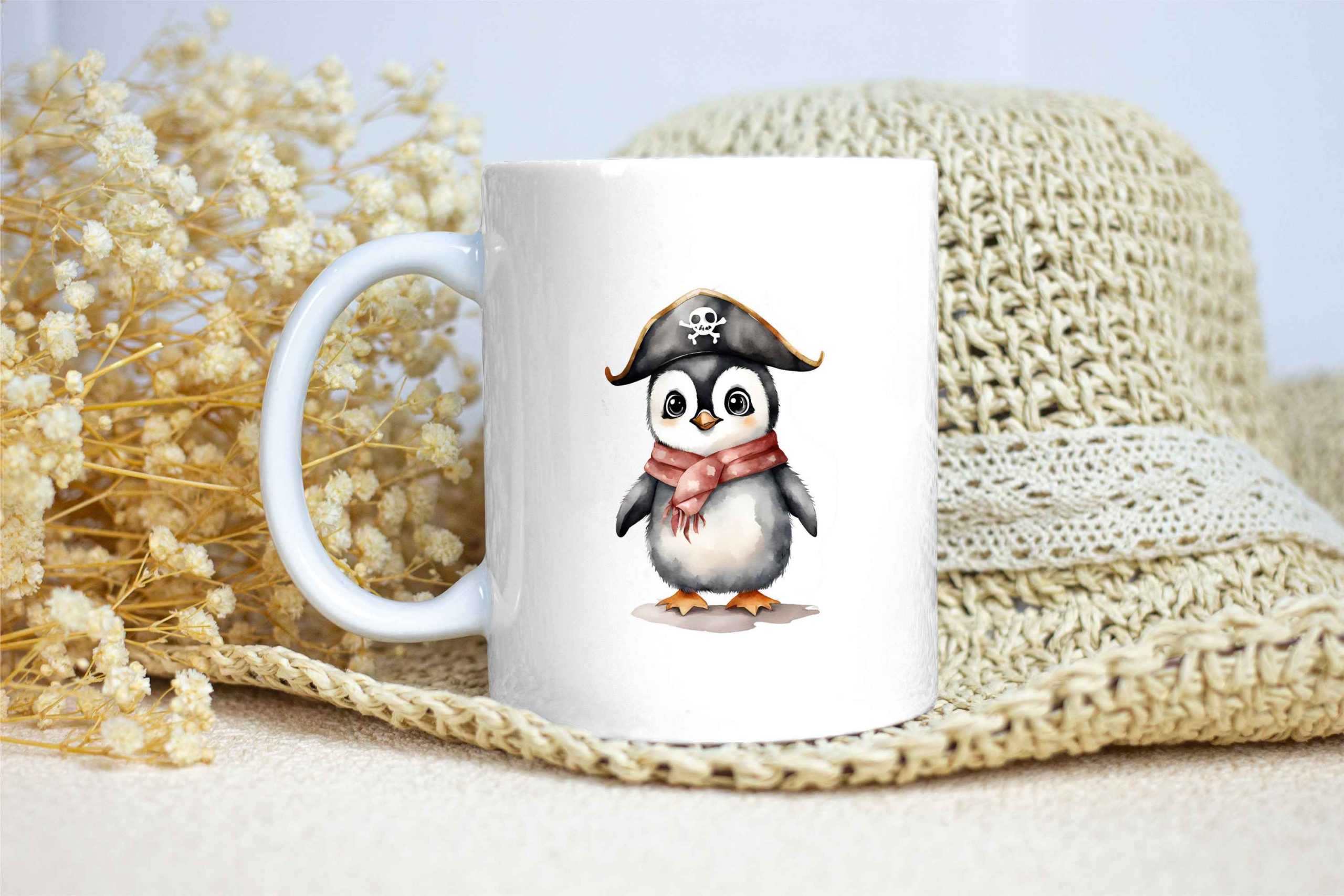 Taza Brillante con Bonito Pingüino con Sombrero Pirata y Bufanda Roja