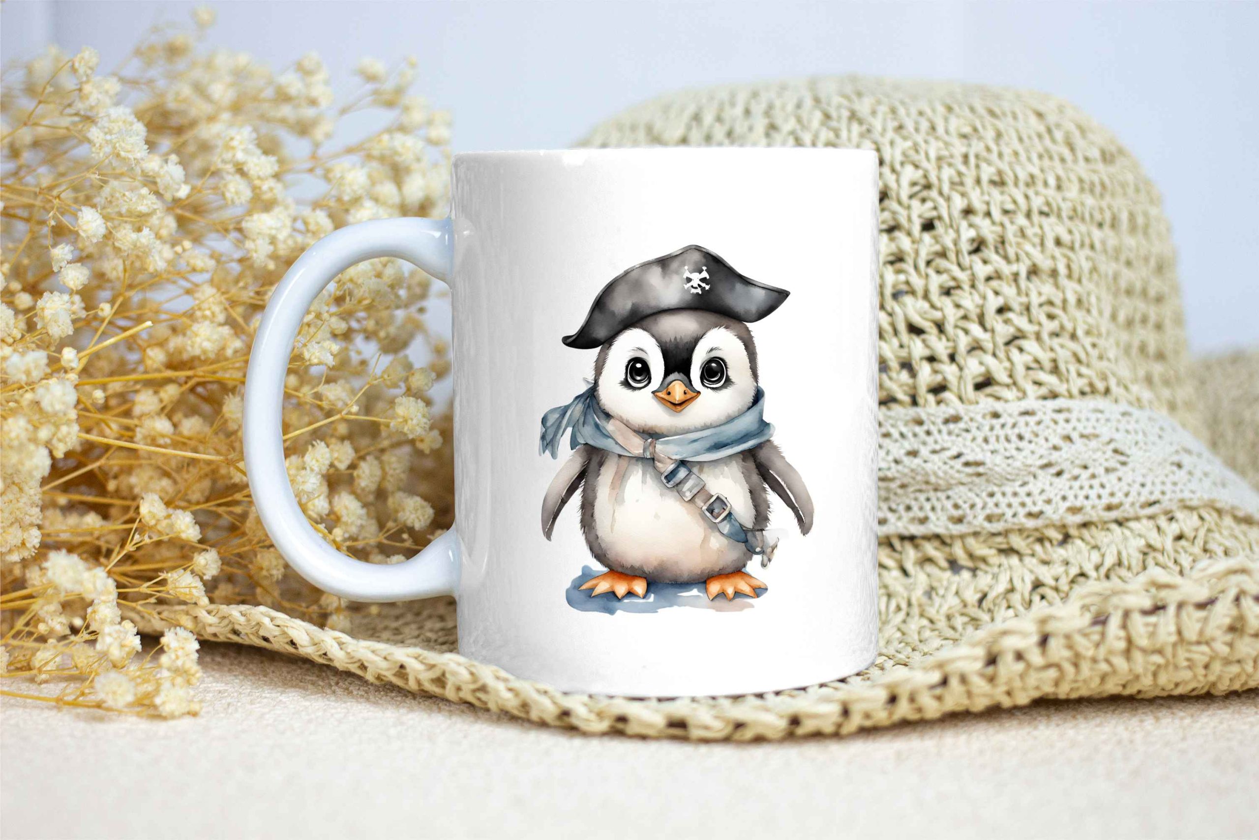 Taza Brillante con Bonito Pingüino con Sombrero Pirata y Pañuelo Azul