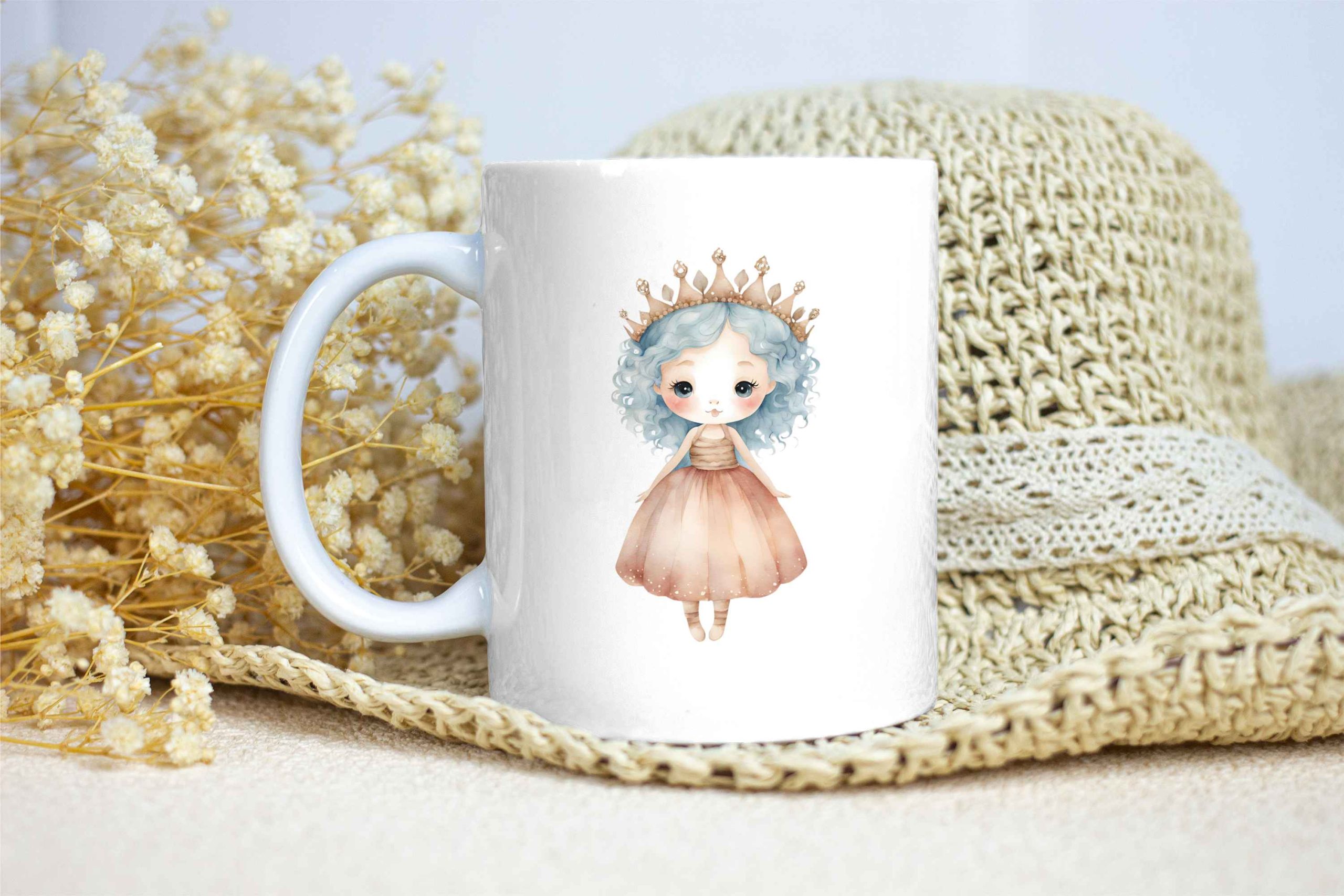 Taza Brillante con Bonito Dibujo de Niña del Océano con Vestido y Corona color Salmón