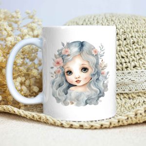 Taza Brillante con Bonito Dibujo de Niña del Océano con Flores en el pelo