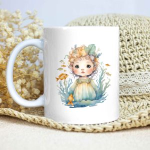 Taza Brillante con Bonito Dibujo de Niño con Peces, Hojas y Corales