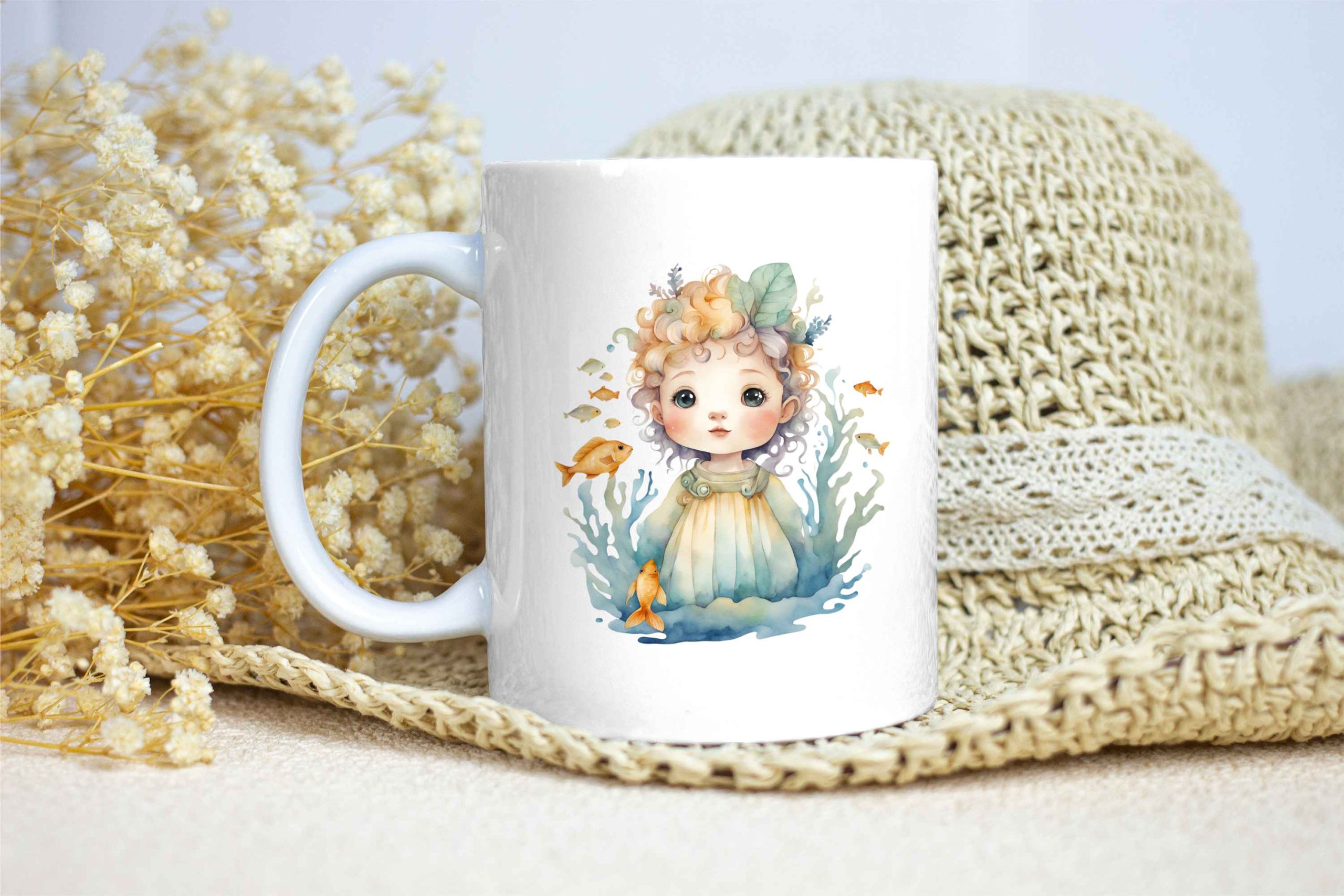Taza Brillante con Bonito Dibujo de Niño con Peces, Hojas y Corales